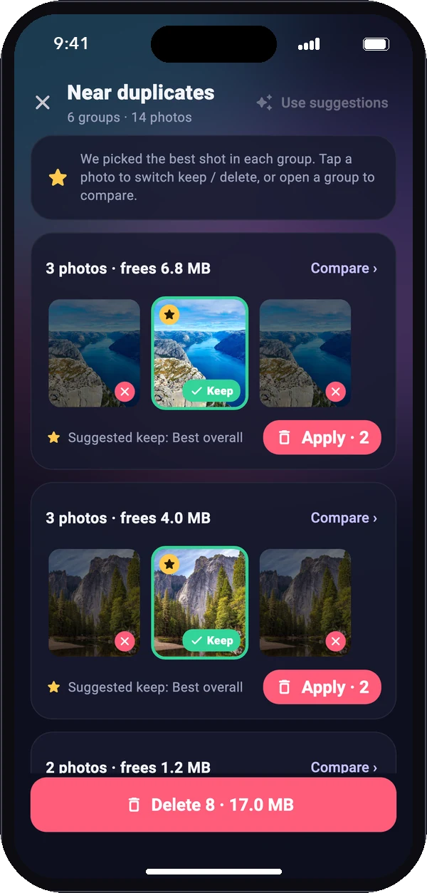 Near duplicates screen with the suggested best shot in each group