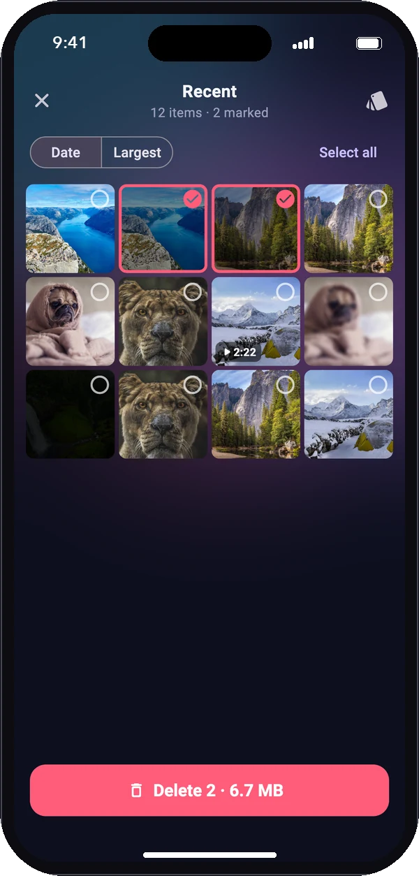 Grid view with several photos selected for deletion